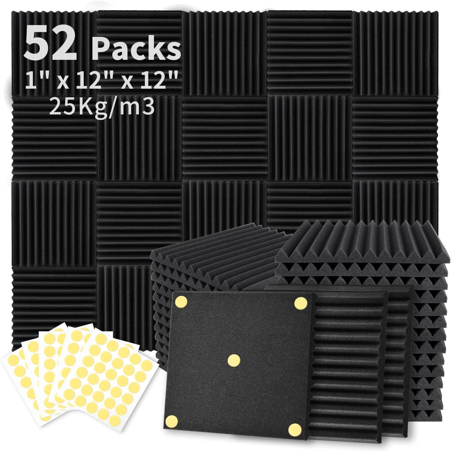 Focusound 52 Pack Acoustic Foam Panels 1 x 12 x 12 with 300PCS Double-Side Adhesive