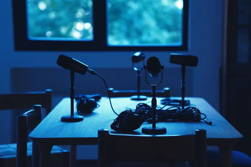 Dimly lit podcast studio with microphones and headphones on a table