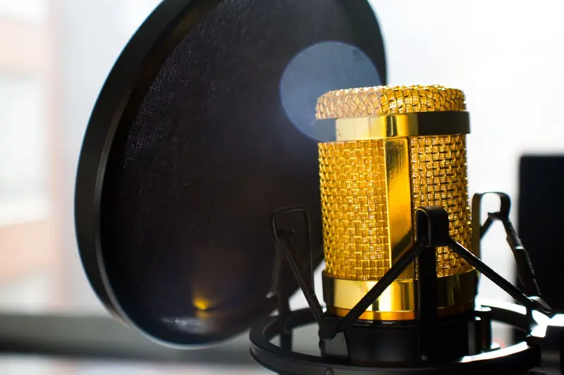 Close-up of a gold studio microphone with pop filter, ideal for recording and broadcasting