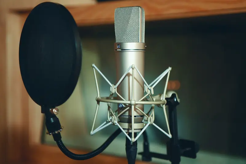 Close-up of a studio microphone with pop filter, perfect for recording